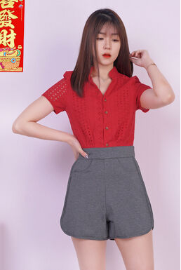 Collar V Neck Button Front Eyelet Top (Red)